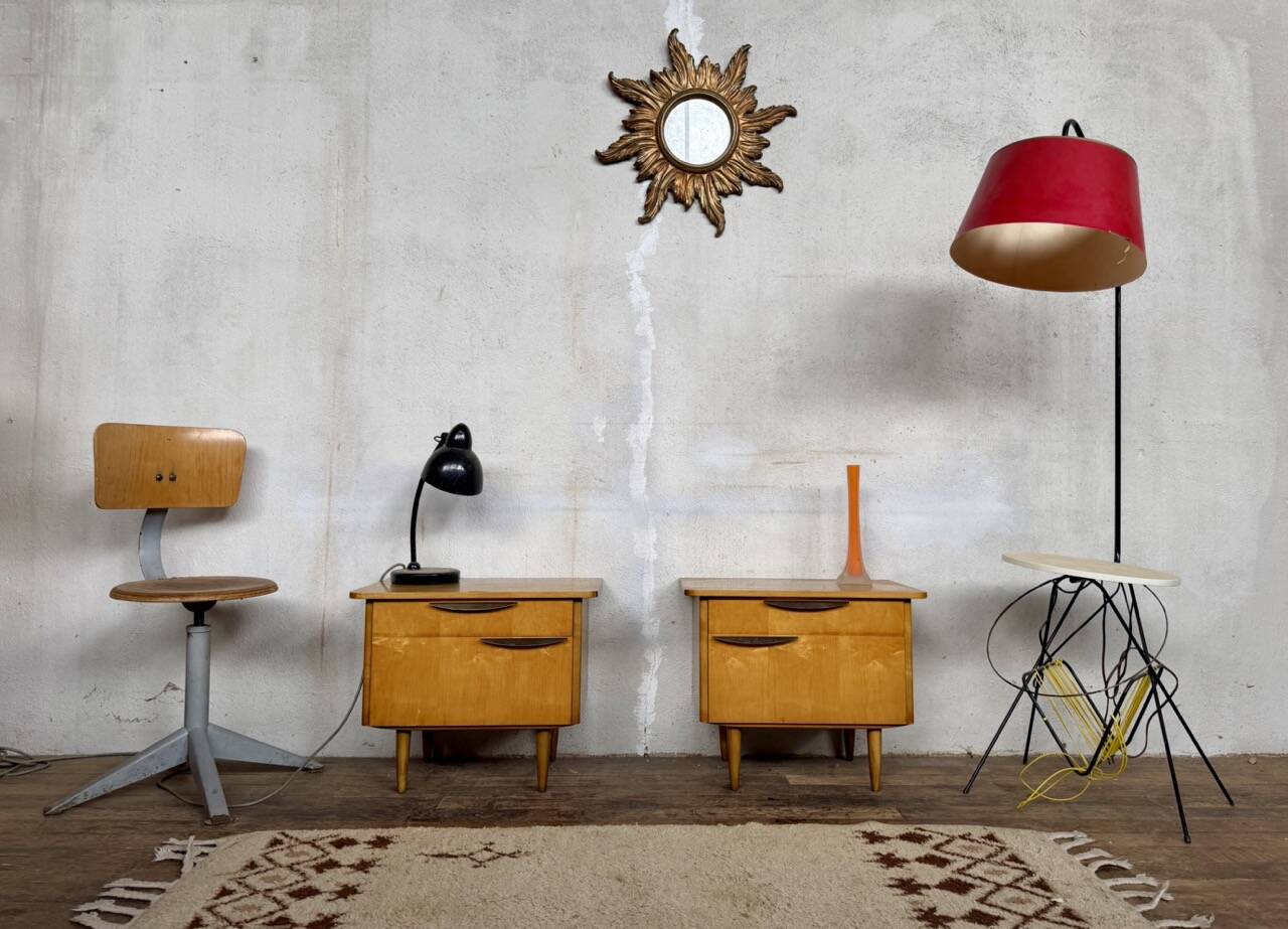 Vintage bedside tables / compass leg nightstand