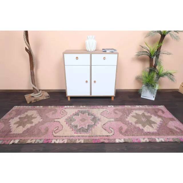 Vintage Turkish hand-knotted wool cotton pink runner rug 88x283
