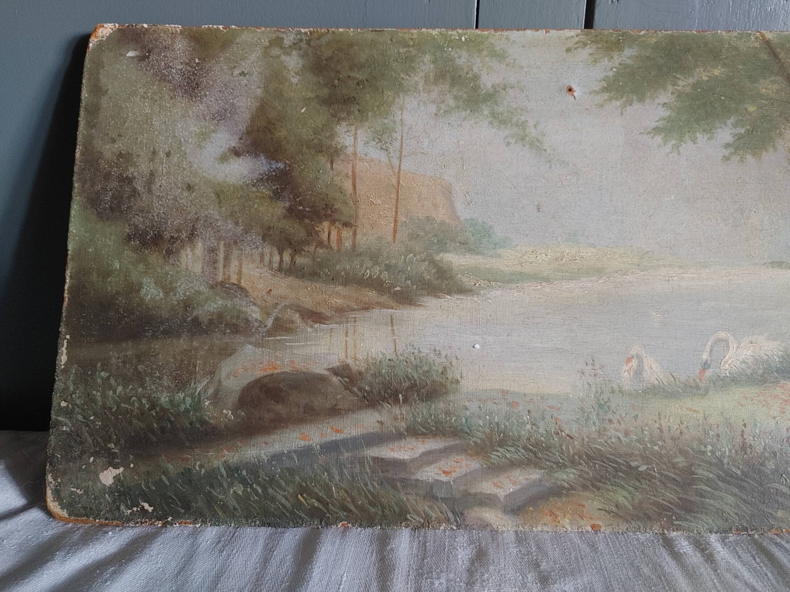 Old oil on rigid cardboard depicting swans on the water