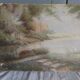 Old oil on rigid cardboard depicting swans on the water