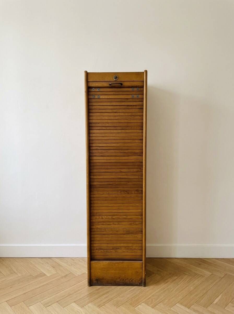 Antique oak filing cabinet with curtains