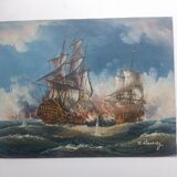 Painting battleship engaged in naval combat world war 2