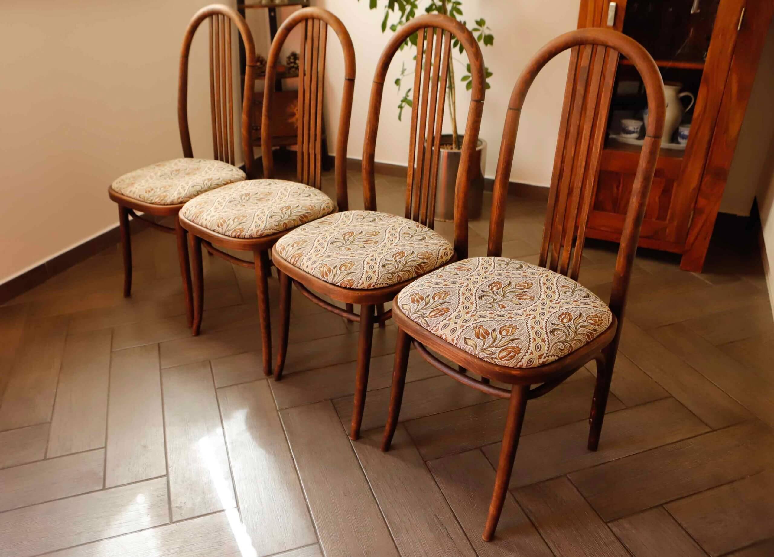 Set of four bentwood TON chairs from the 1970s with floral upholstery