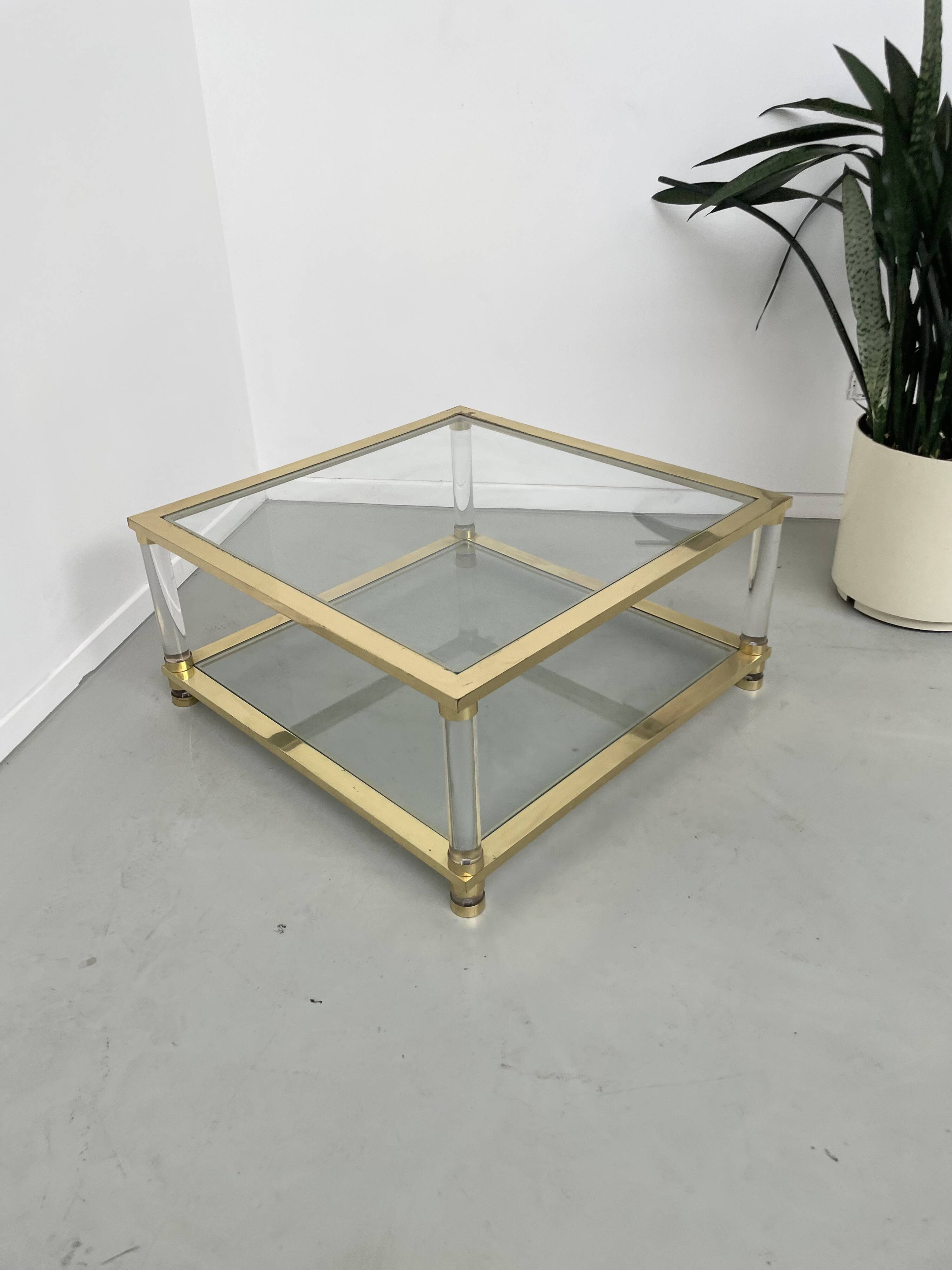 1970s lucite, brass and glass coffee table