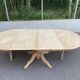 Large round extendable dining table renovated in raw pine with 2 extensions, 1980.