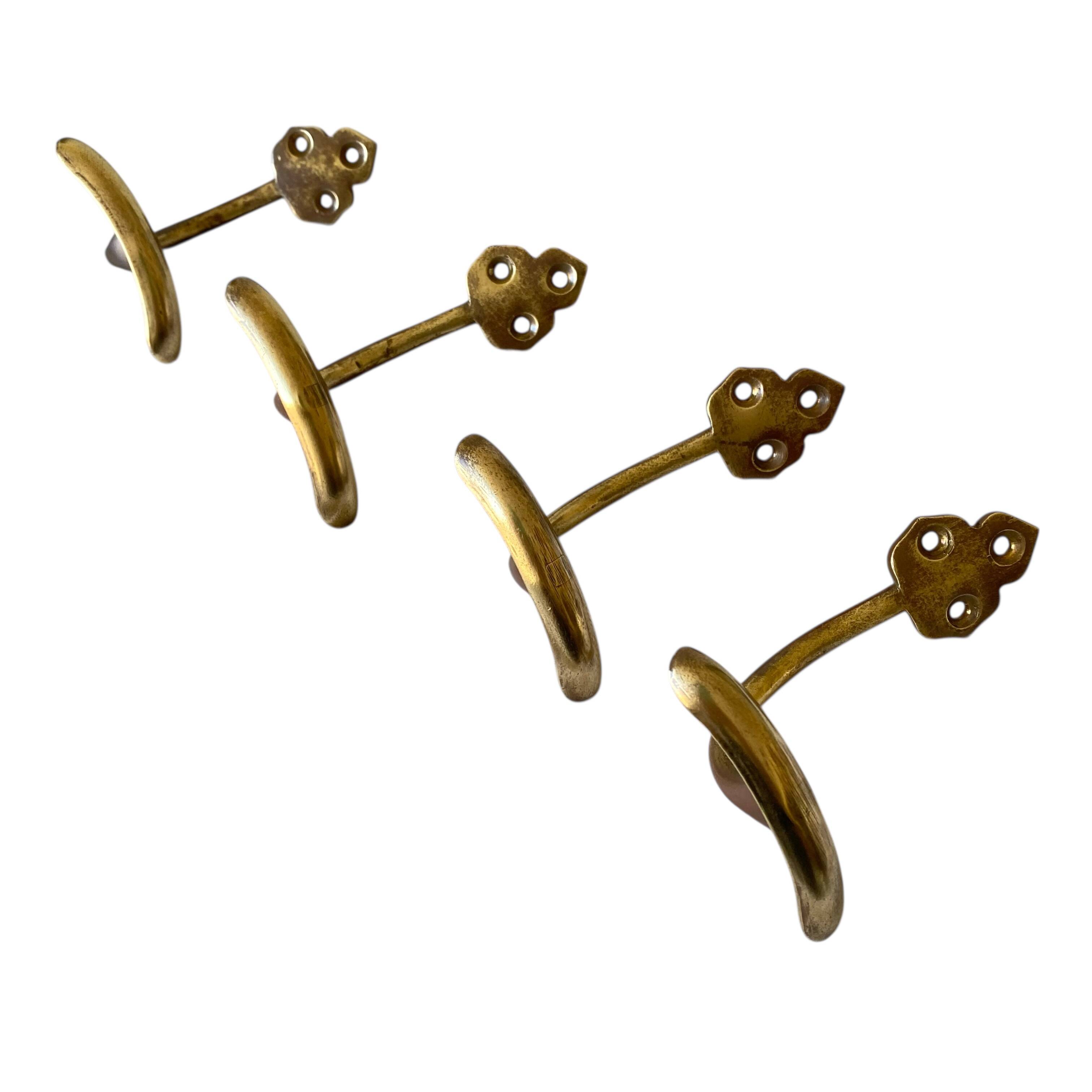 4 antique brass coat hooks towel holders