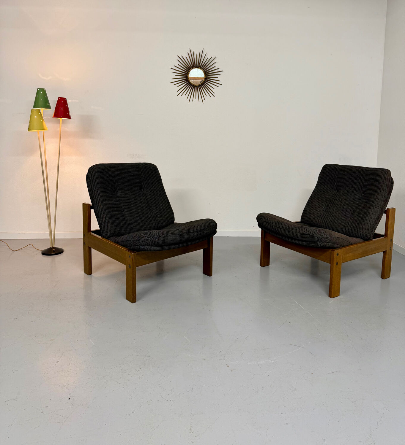 Lot of 2 adjustable wooden fabric chairs, Scandinavian design, vintage 1970s.