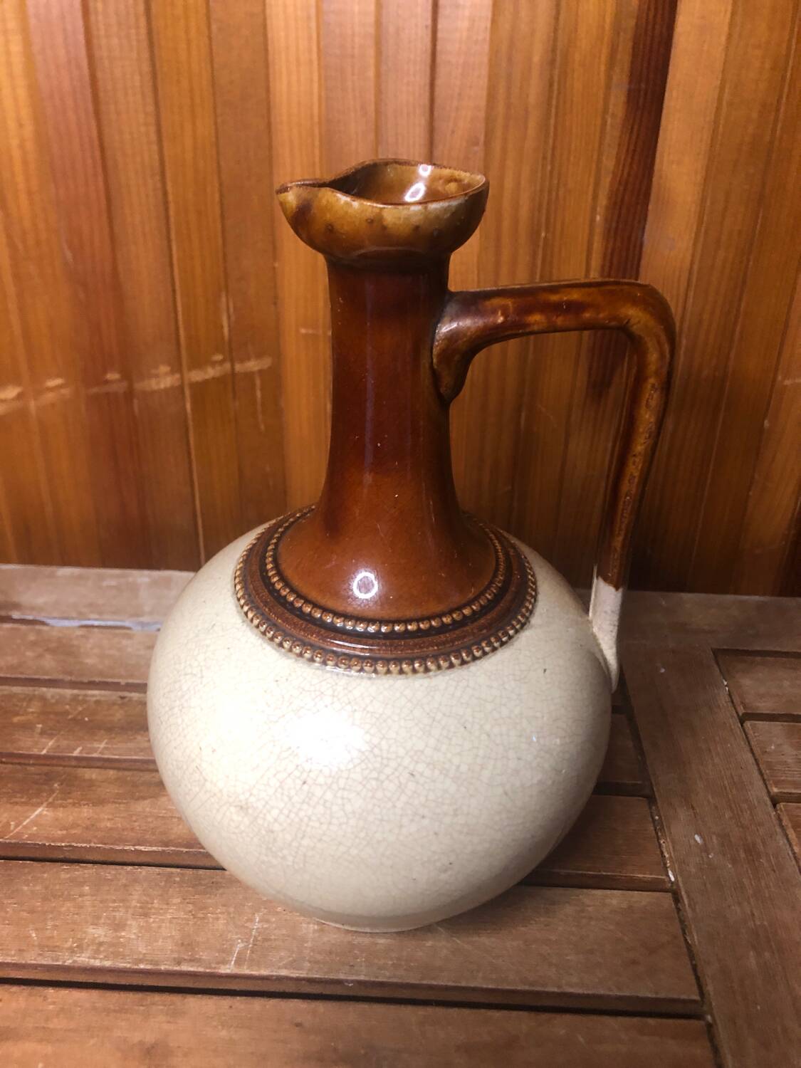 Old Vintage White & Brown Cracked Ceramic Pitcher
