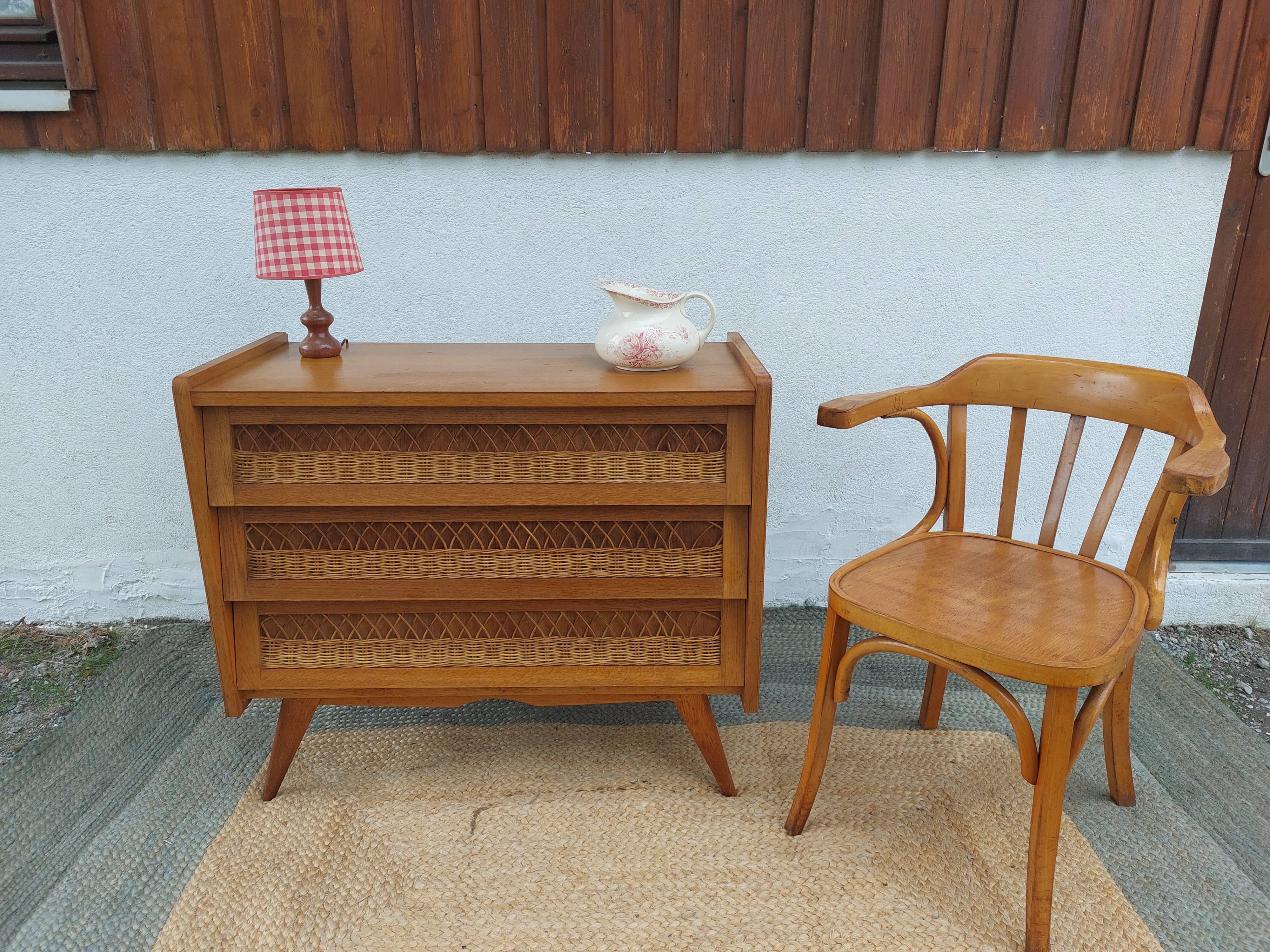 commode pieds compas, osier, vintage