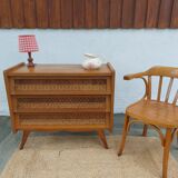 commode pieds compas, osier, vintage