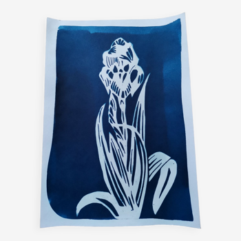 Cyanotype blue vintage iris flower art deco