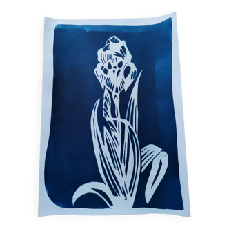 Cyanotype blue vintage iris flower art deco