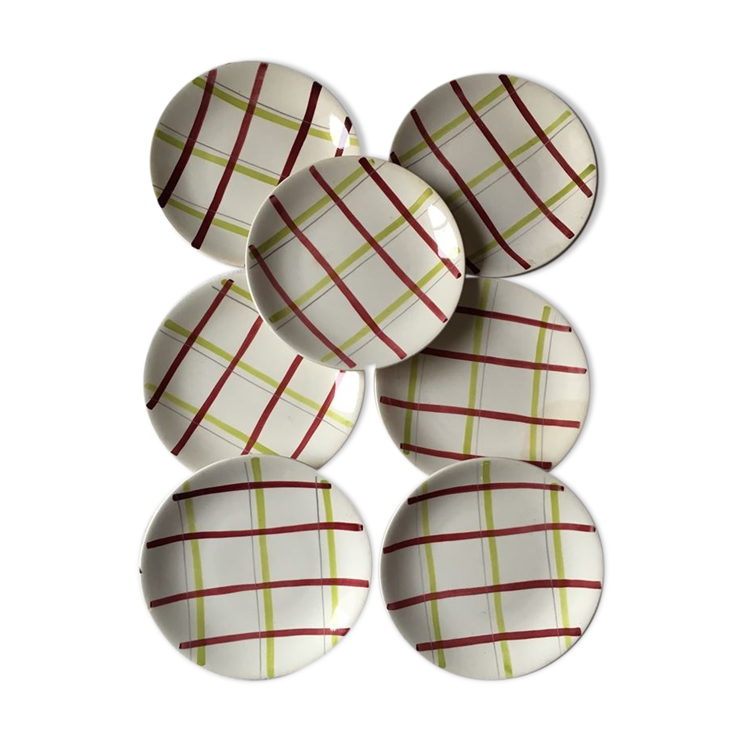 Seven plates dessert Gien in bordeaux and green vintage