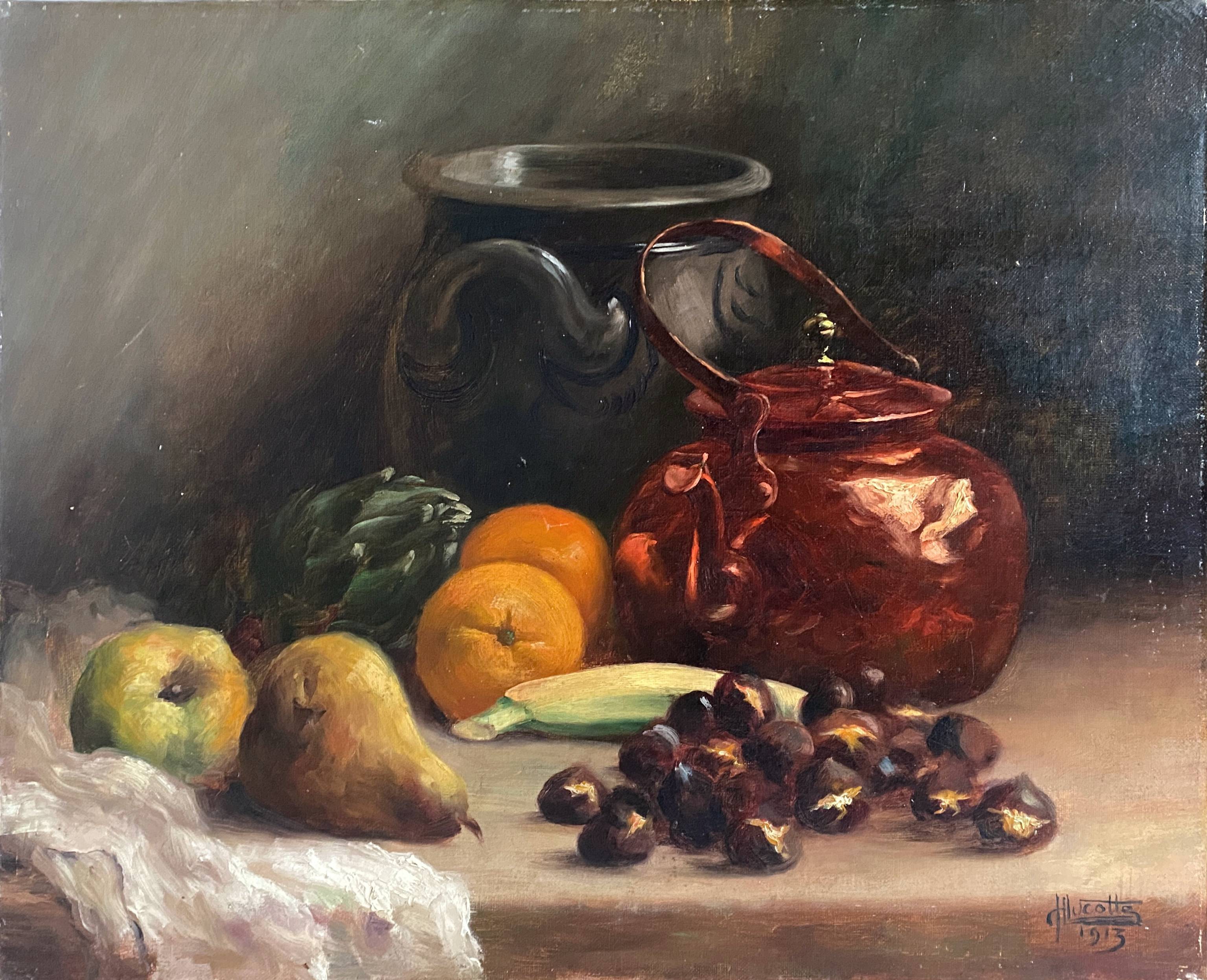 HST painting "Still life with oranges and chestnuts" signed H. Lucotte 1913