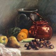 HST painting "Still life with oranges and chestnuts" signed H. Lucotte 1913