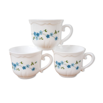 Trio of vintage Veronica Arcopal forget-me-not coffee cups
