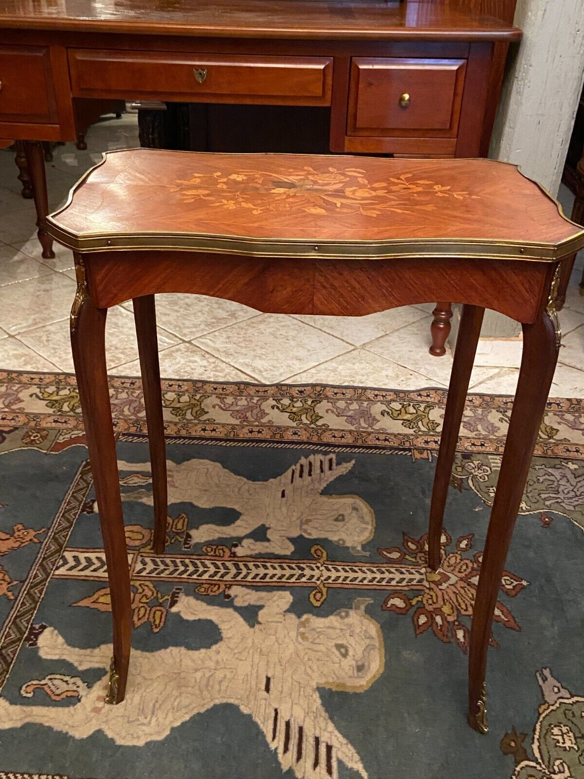 Pedestal table end of sofa decorated inlaid Louis XV style