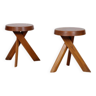 Pair of elm stools by Pierre Chapo, model S31, 1980.