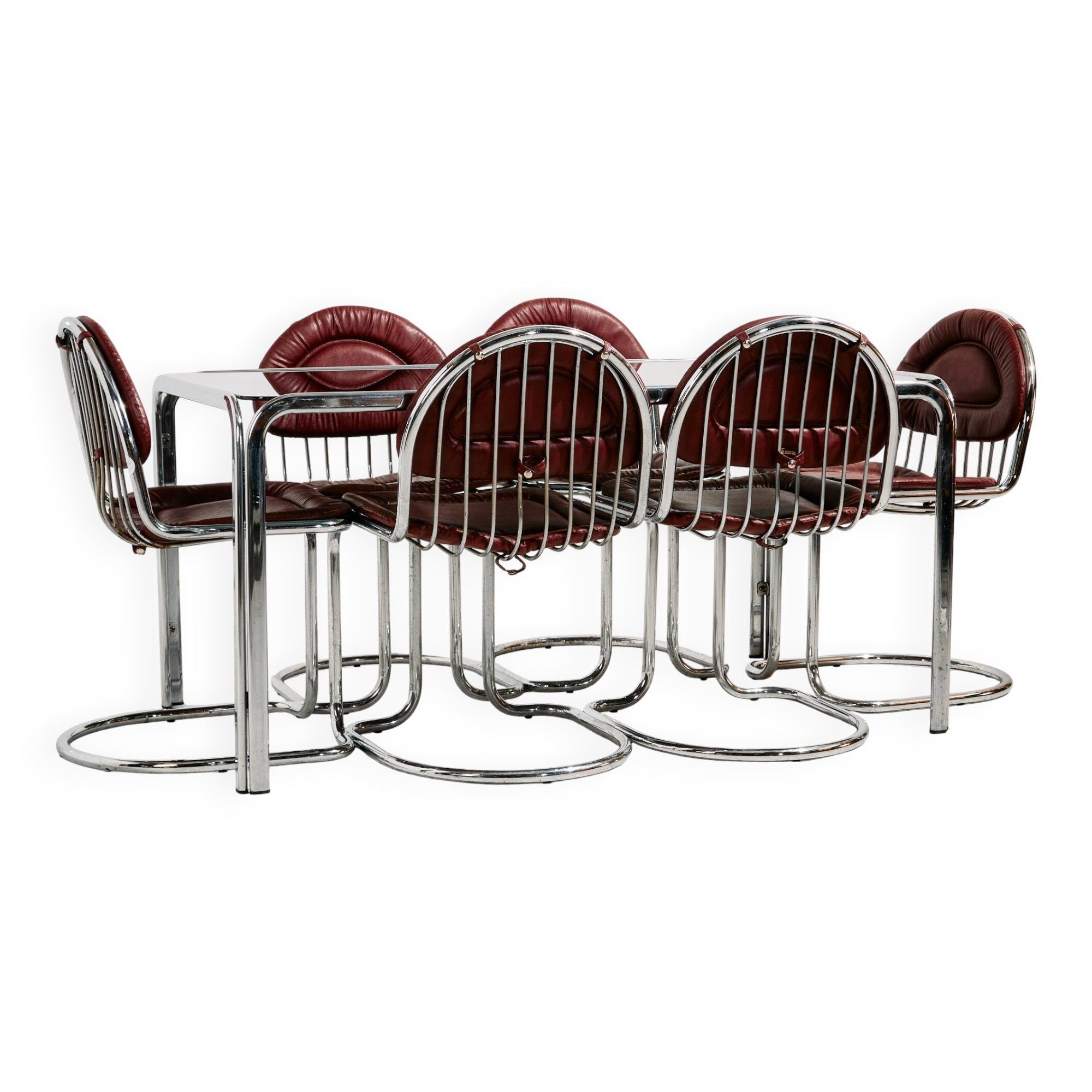 Italian chrome and leather dining set by Gastone Rinaldi, set of 7.
