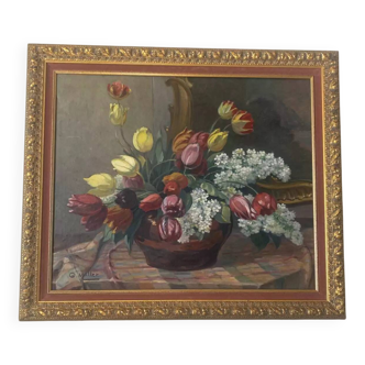 Antique painting, oil on canvas "Large bouquet of tulips" signed G. Müller, 20th Century School