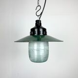 Industrial bakelite green enamel pendant light with ribbed glass, 1970s