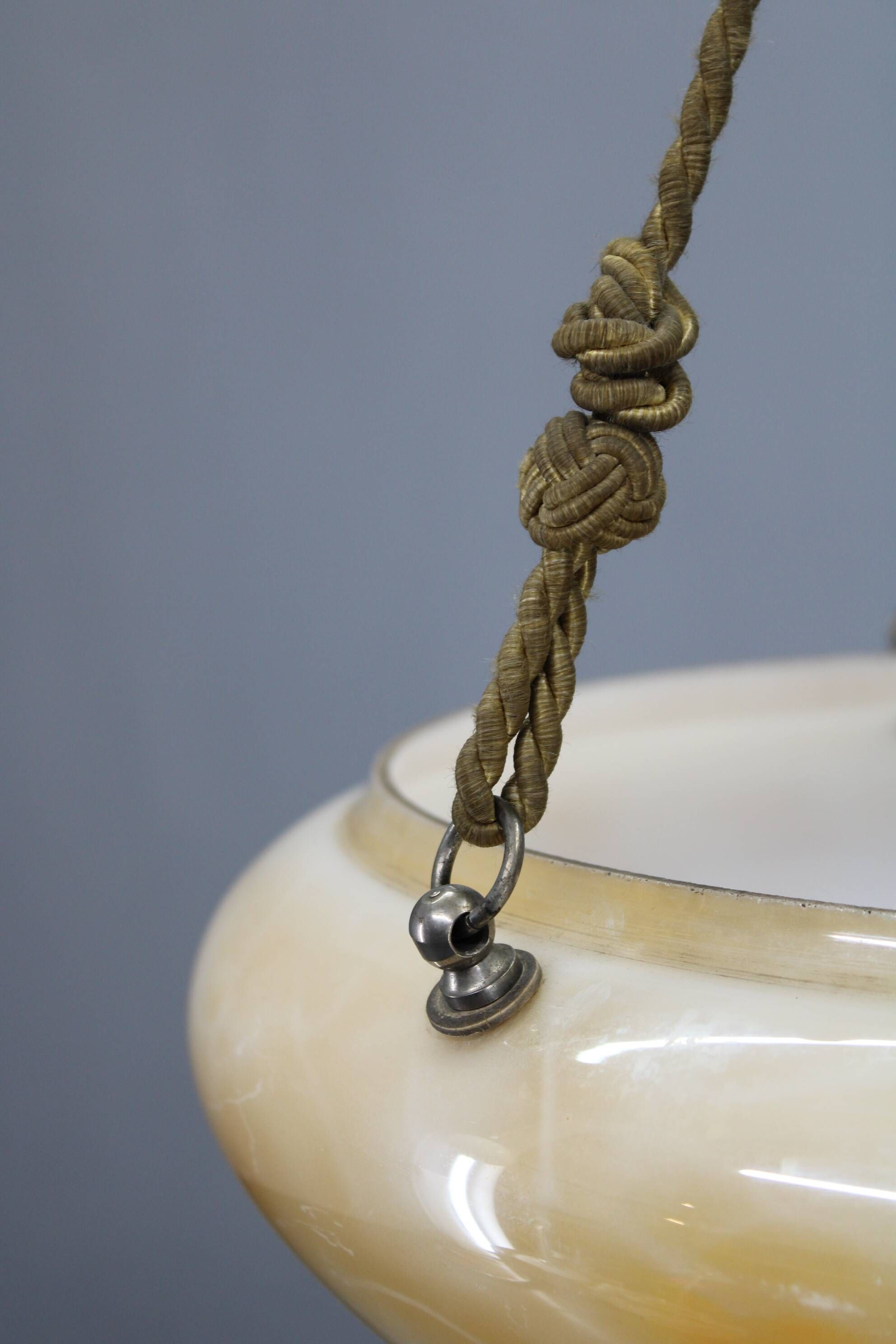 1930s European Secession–Art Deco pendant light with rope suspension and glass