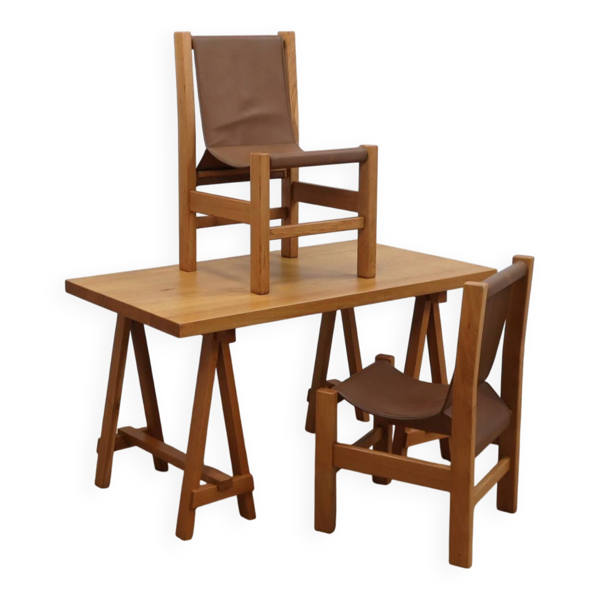 Bureau en hêtre massif avec chaises en cuir, Italie 1970
