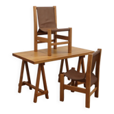 Trestle solid beech writing desk with leather chairs , Italy 1970