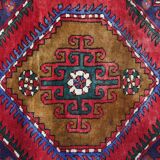 Vintage Geometric Burgundy Red Wool Runner Rug, 1950s Hand-Knotted Carpet