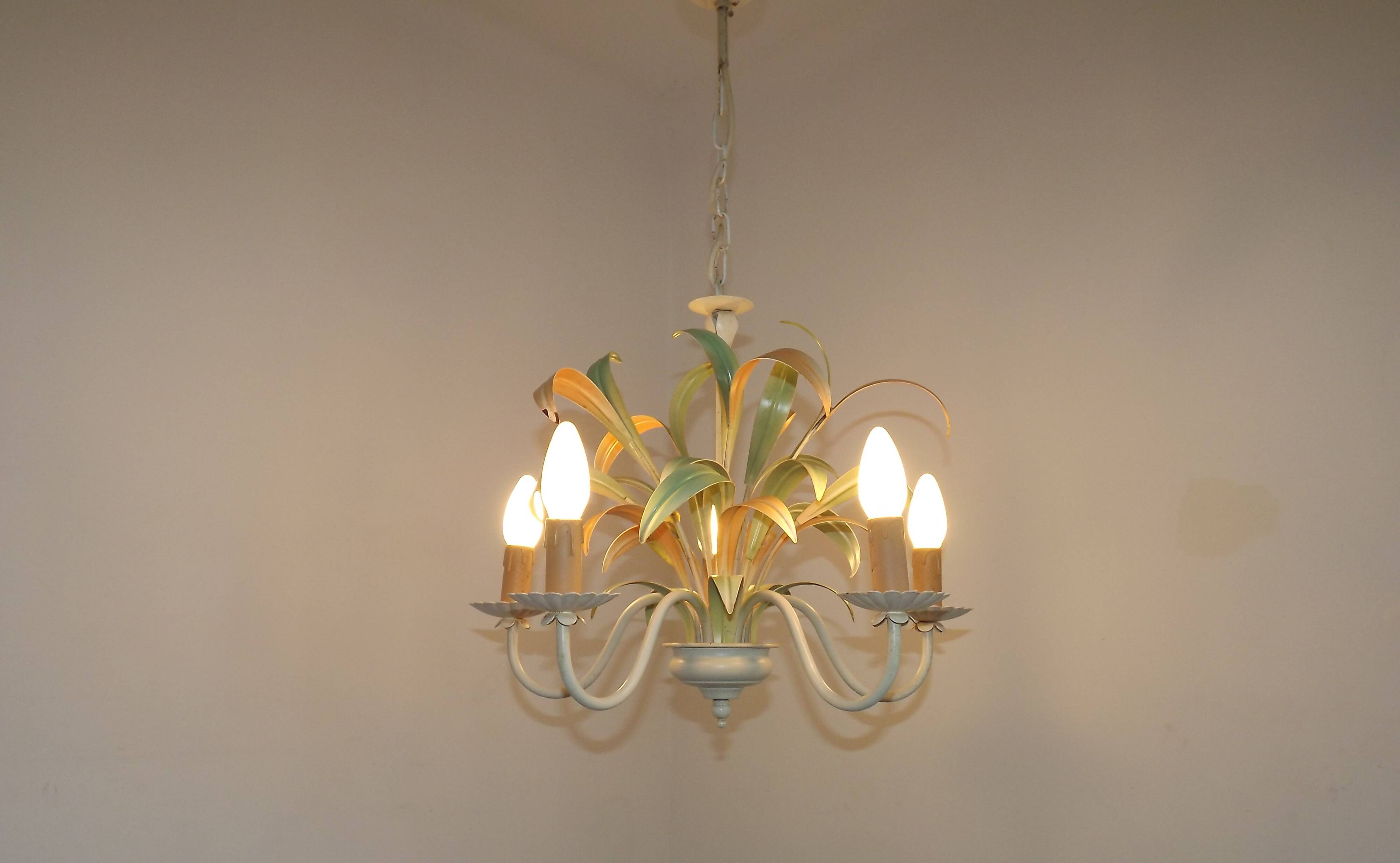 French Vintage Cream 5 Light Metal Chandelier Green and Peach Leaves