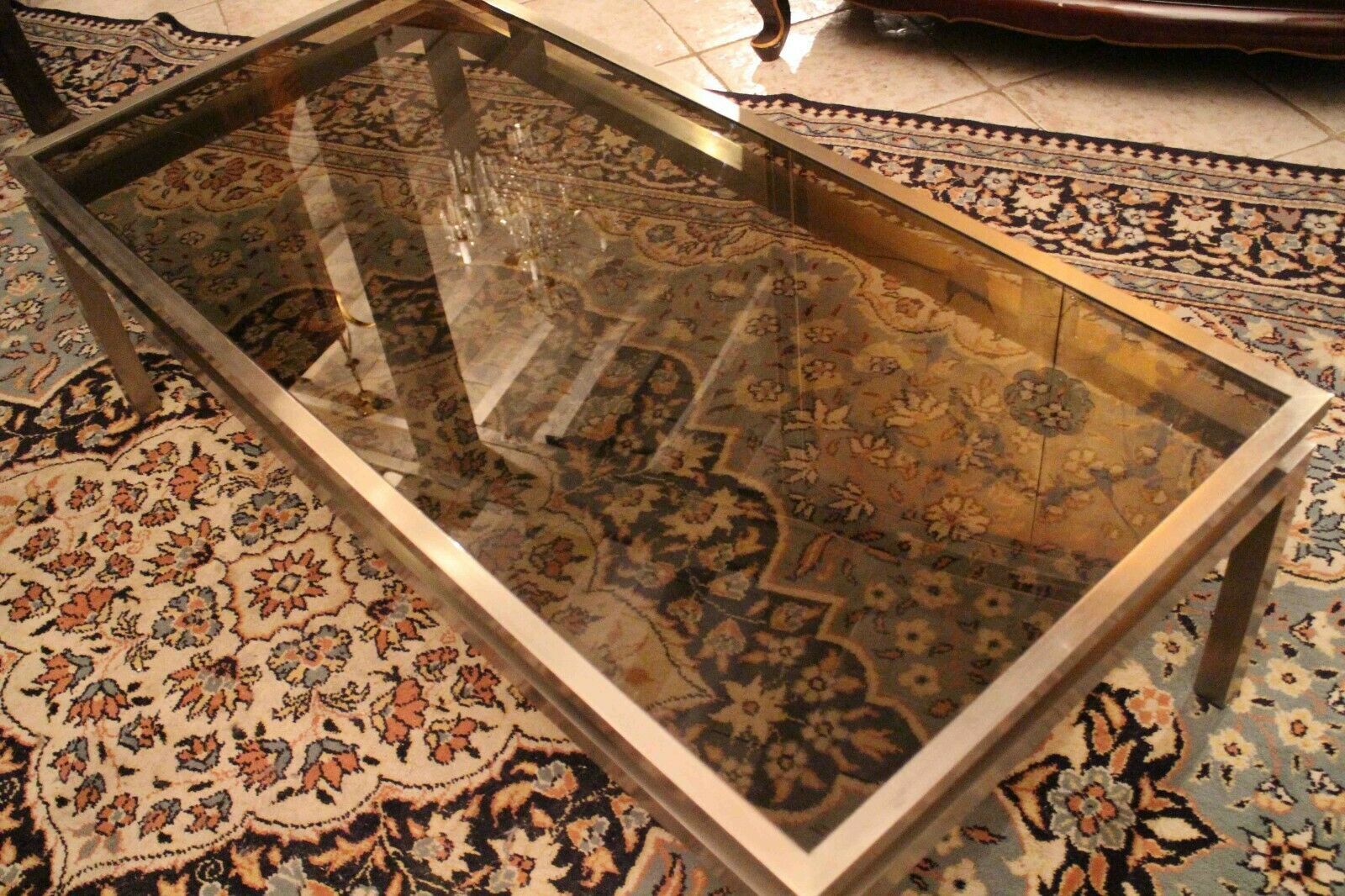 Coffee table living room brushed metal tinted glass