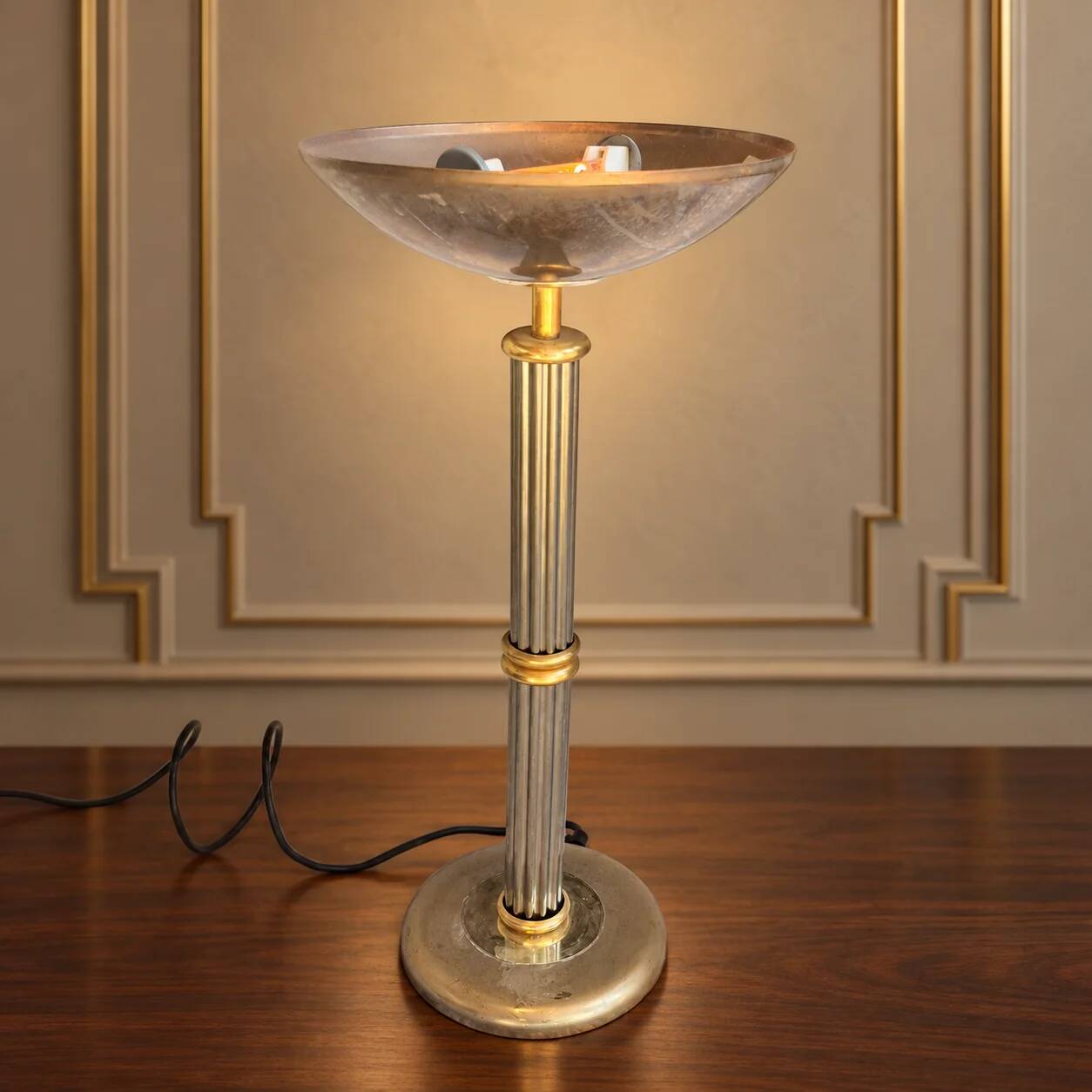 Rhoum JRL table lamp in gold and silver metal – Fluted column, made in France