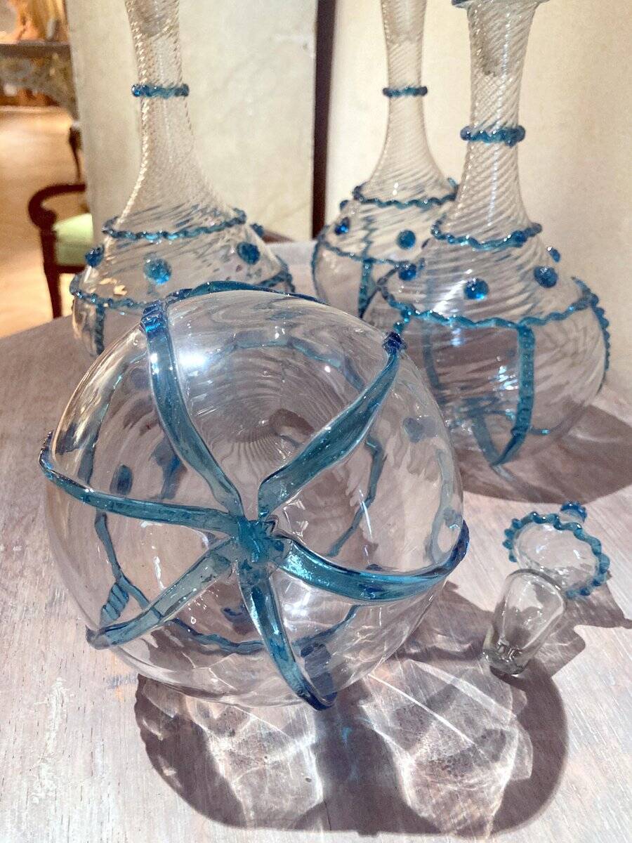 18th Century Italian Murano Clear Glass and Blue Trimmed Blown Glass Bottle