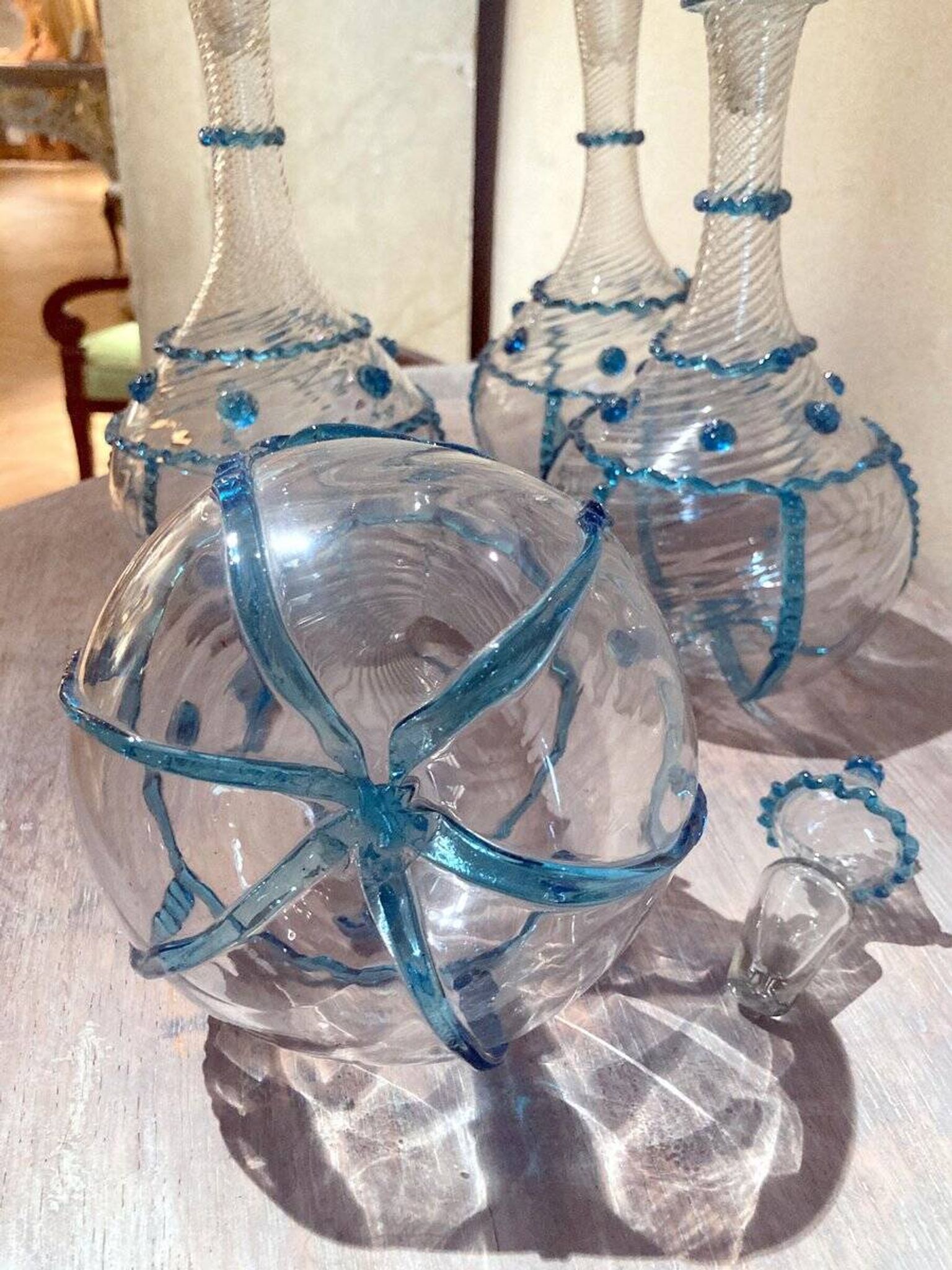 18th Century Italian Murano Clear Glass and Blue Trimmed Blown Glass Bottle
