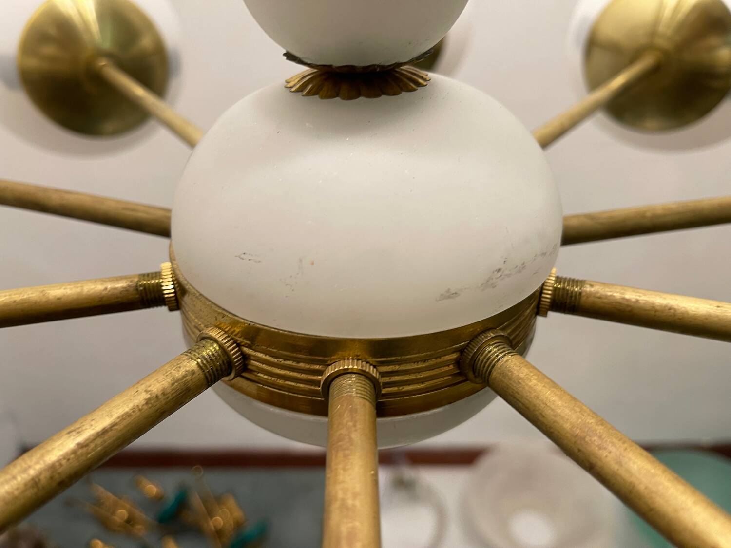 White Brass Opaline Glass Sputnik Chandelier 10 lights