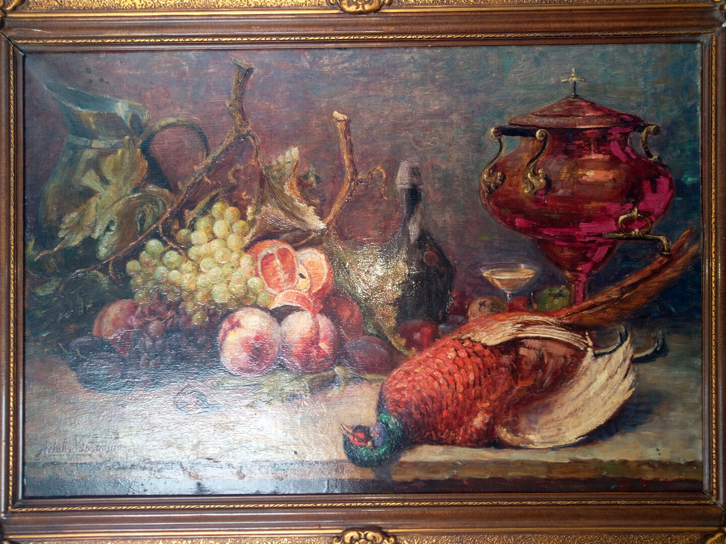 Peinture géante dans un cadre sculpté - nature morte d’Achille Vantomme