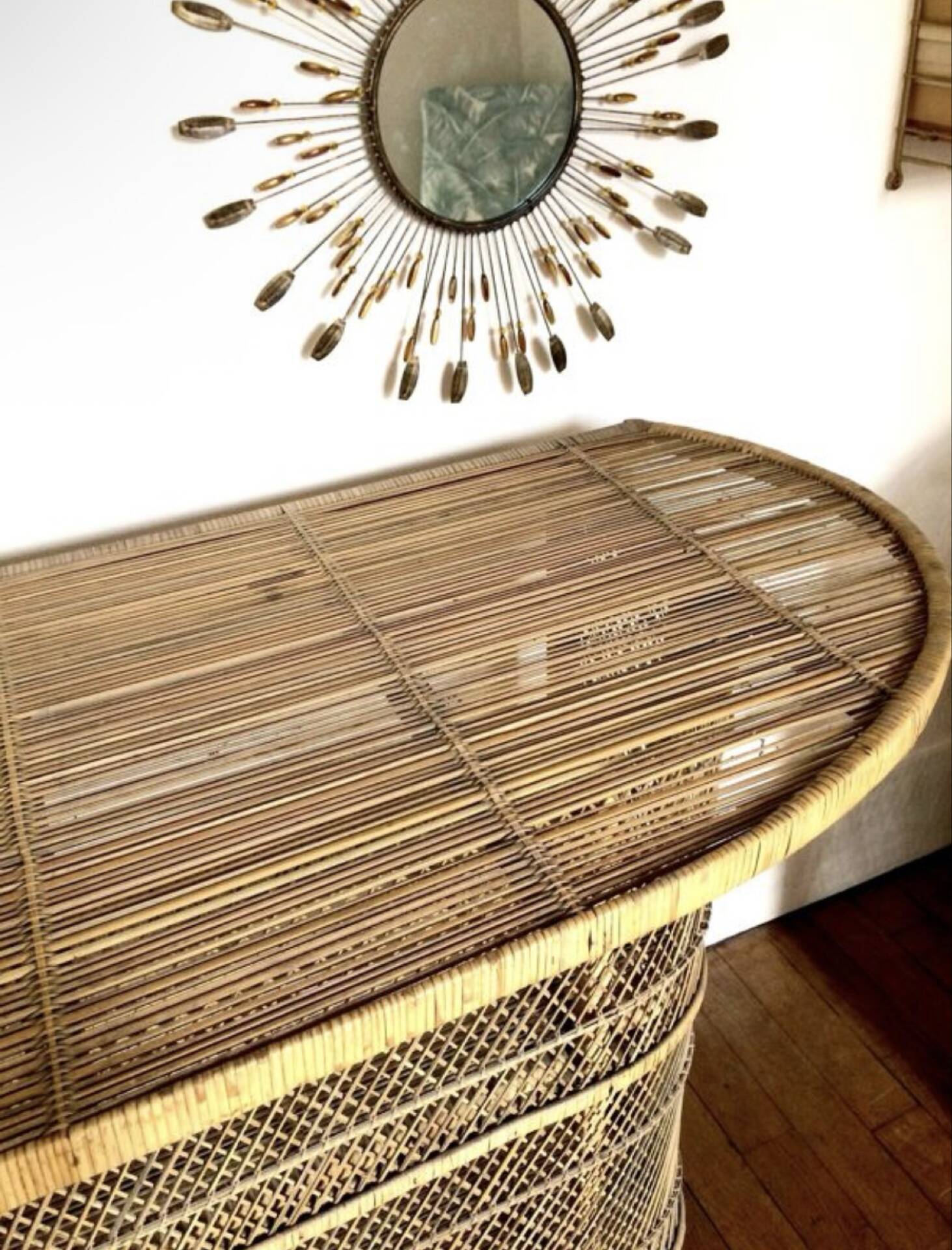 Vintage rattan and wicker bar with 2 stools – 1960s/70s
