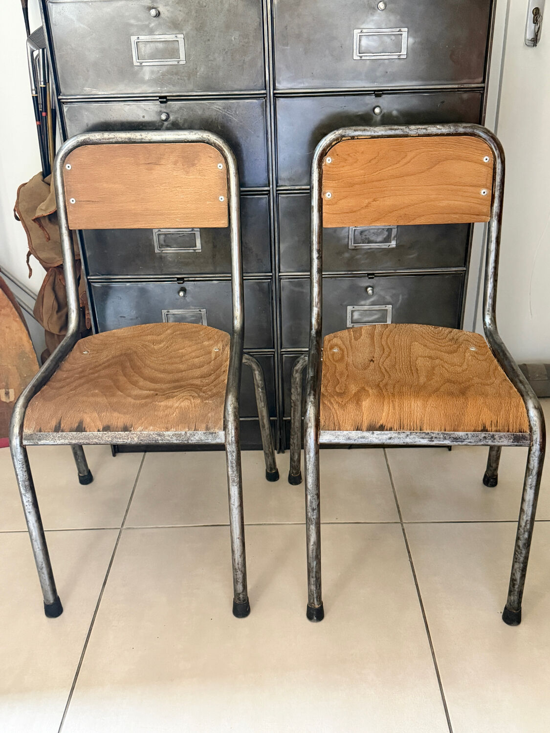 Pair of vintage adult school chairs in patinated metal