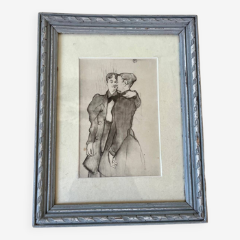 Gravure Deux femmes valsant de Toulouse-Lautrec ancienne encadrée 19eme