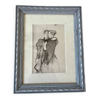 Gravure Deux femmes valsant de Toulouse-Lautrec ancienne encadrée 19eme