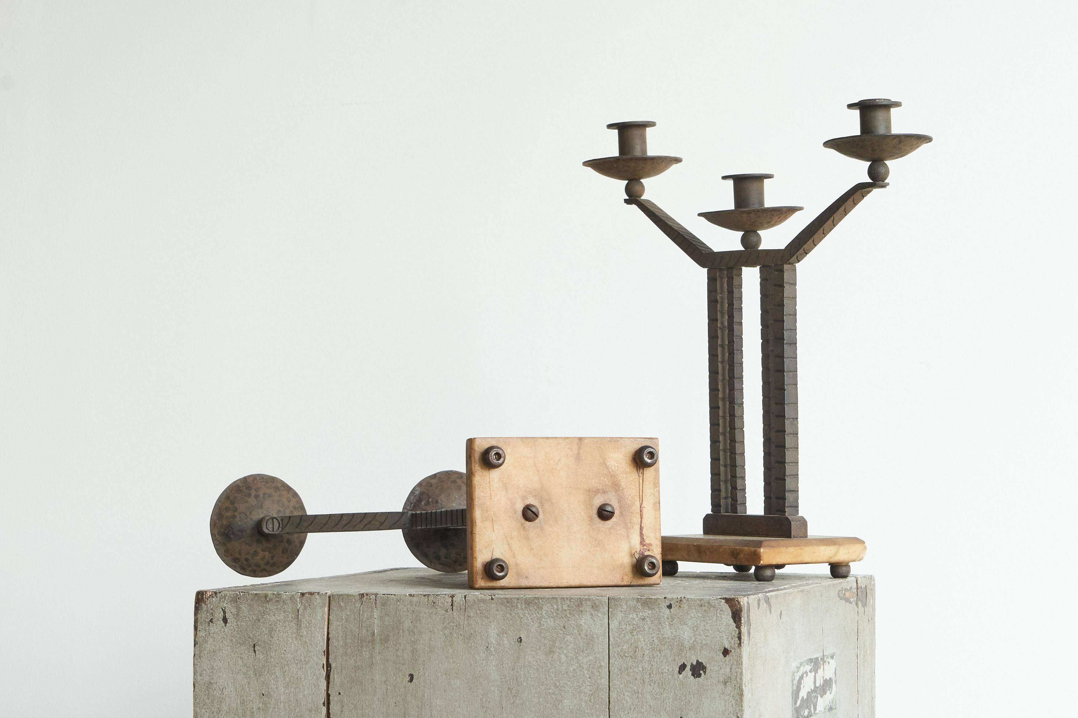 Art Deco pair of candle holders in wrought iron and stone