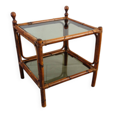 Table basse bambou et verre fumé vintage