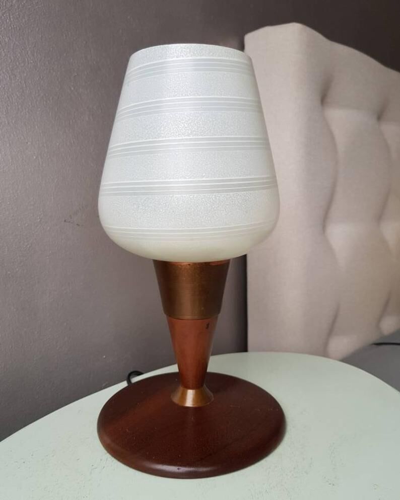 Vintage teak table lamp with 60s white glass lampshade