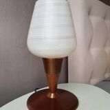 Vintage teak table lamp with 60s white glass lampshade