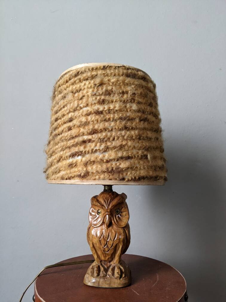Vintage owl lamp with wool lampshade, handmade