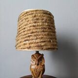 Vintage owl lamp with wool lampshade, handmade