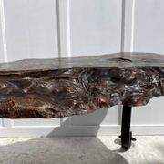 Brutalist coffee table in solid elm and wrought iron, ram's horn legs.