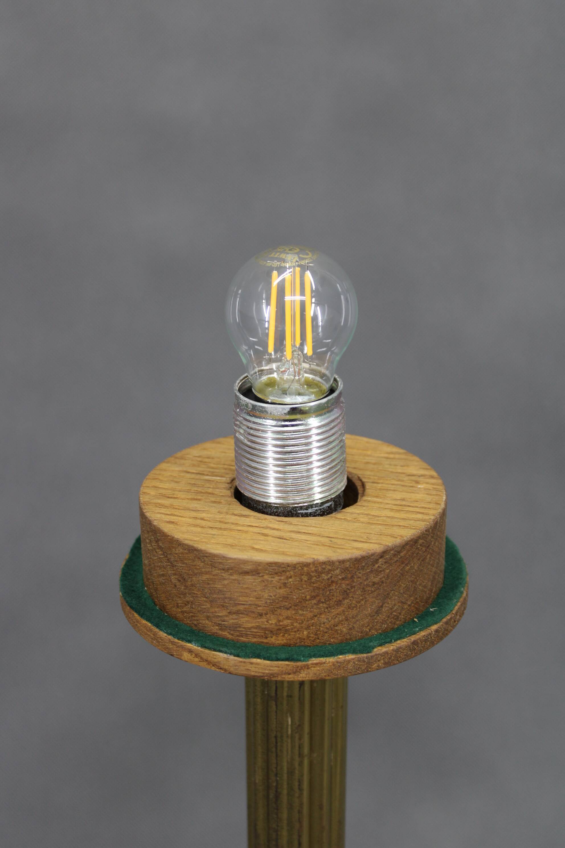 1940s Restored Brass Table Lamp with Wooden Base and Glass Shade