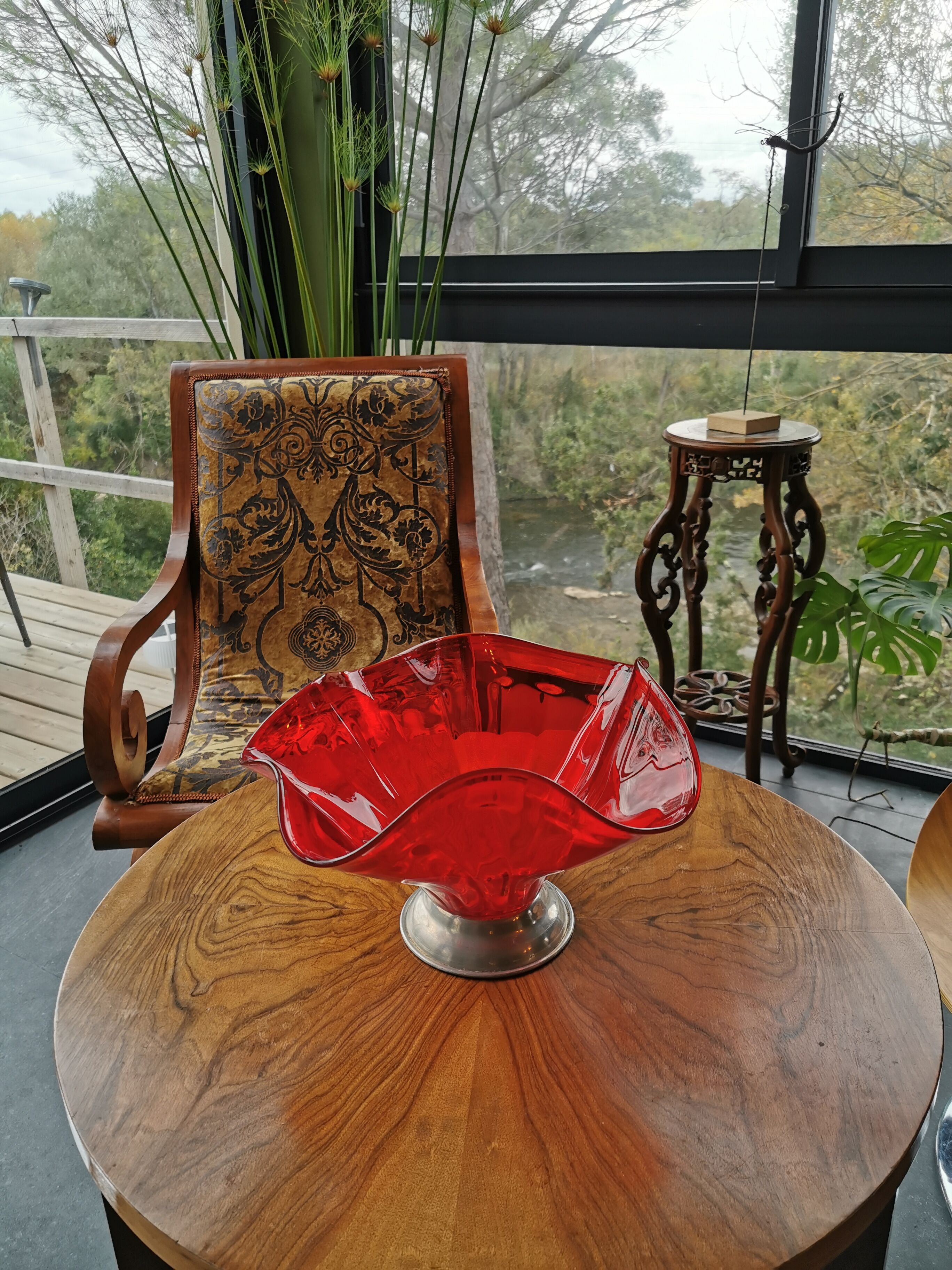 Old vintage tulip basket in 60s red glass