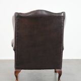 Brown smooth cow leather Chesterfield wingback armchair in English style